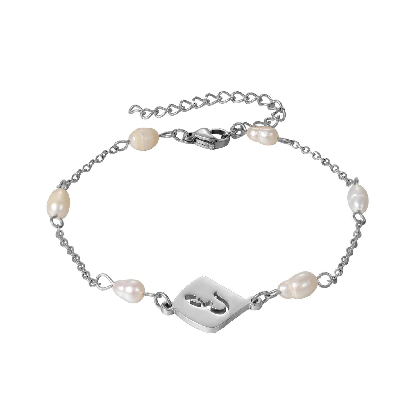 Personalized Arabic Initial Bracelet with Pearls: Gold, Silver, Rose Gold Stainless Steel