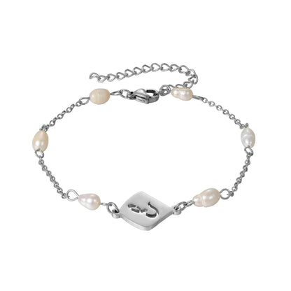Personalized Arabic Initial Bracelet with Pearls: Gold, Silver, Rose Gold Stainless Steel