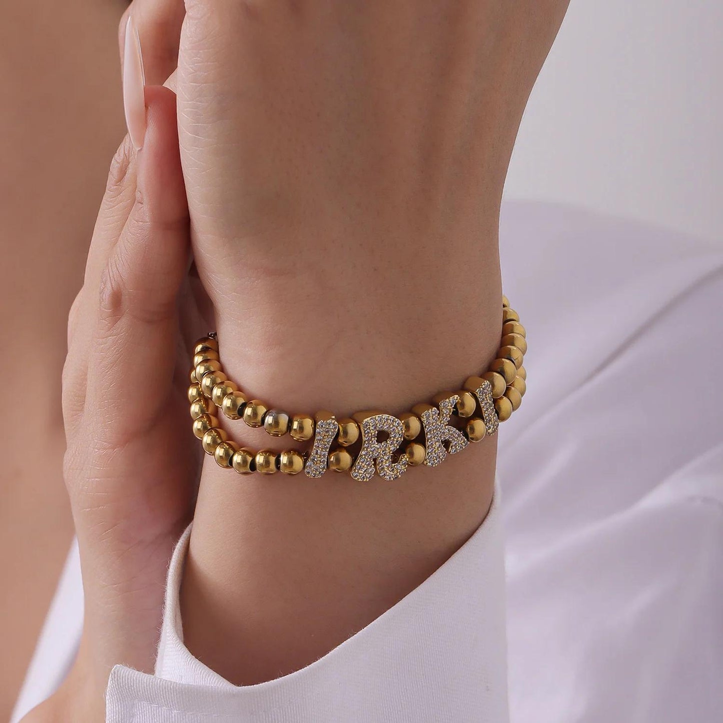 Beaded Name Bracelet: Personalized Bubble Letter Bracelet, CZ Stainless Steel