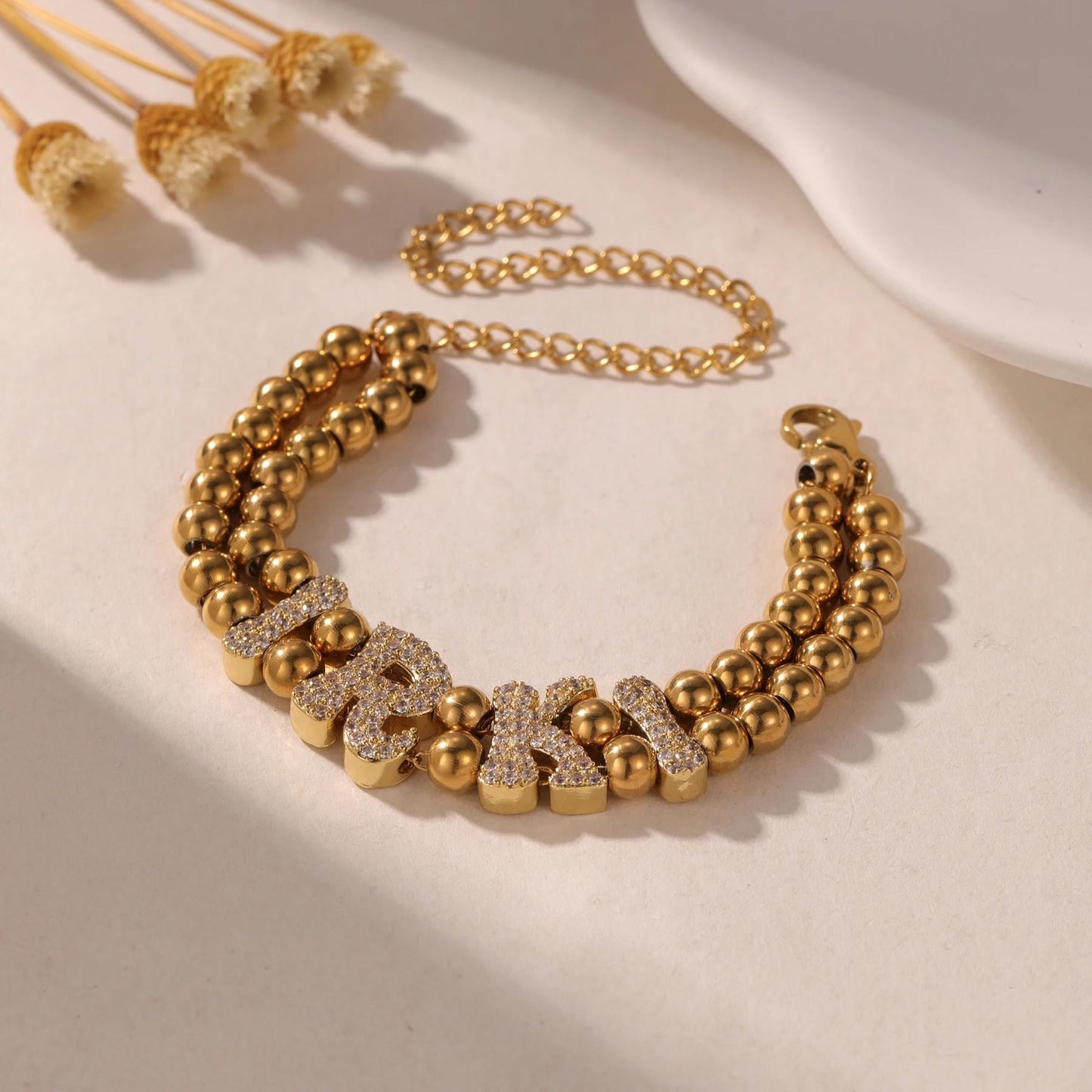 Beaded Name Bracelet: Personalized Bubble Letter Bracelet, CZ Stainless Steel