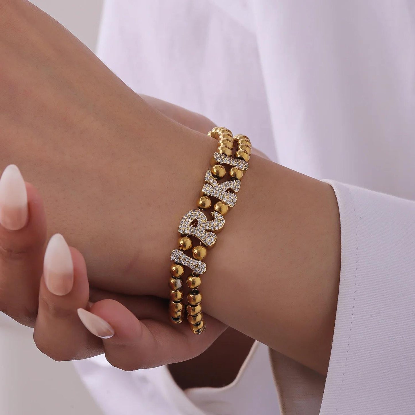 Beaded Name Bracelet: Personalized Bubble Letter Bracelet, CZ Stainless Steel
