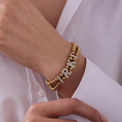 Beaded Name Bracelet: Personalized Bubble Letter Bracelet, CZ Stainless Steel