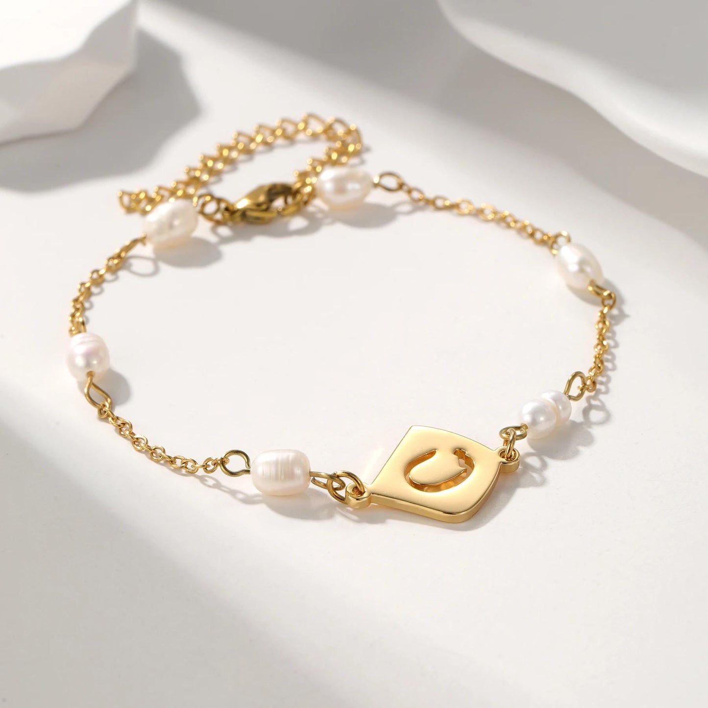 Personalized Arabic Initial Bracelet with Pearls: Gold, Silver, Rose Gold Stainless Steel