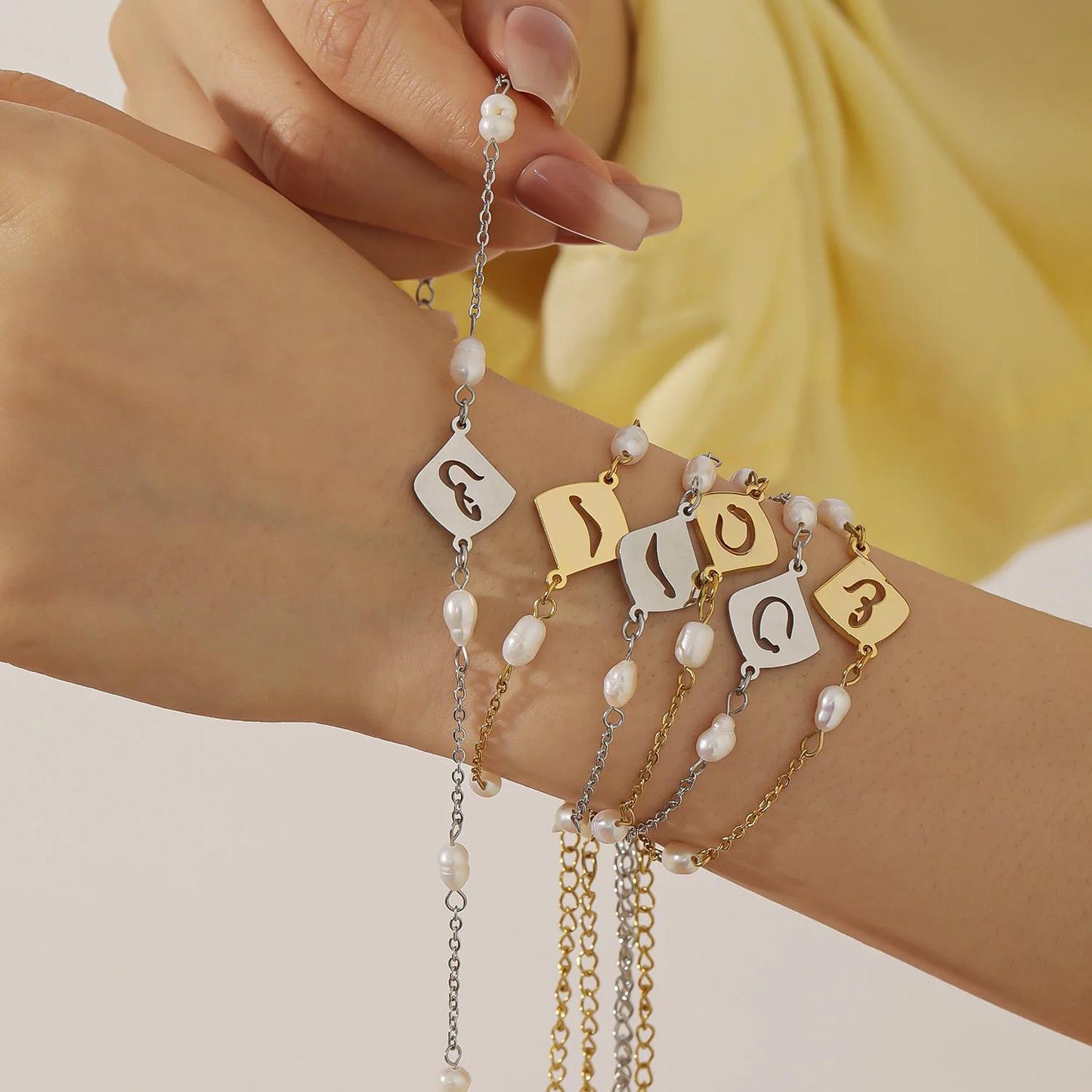 Personalized Arabic Initial Bracelet with Pearls: Gold, Silver, Rose Gold Stainless Steel