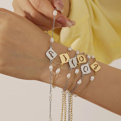 Personalized Arabic Initial Bracelet with Pearls: Gold, Silver, Rose Gold Stainless Steel