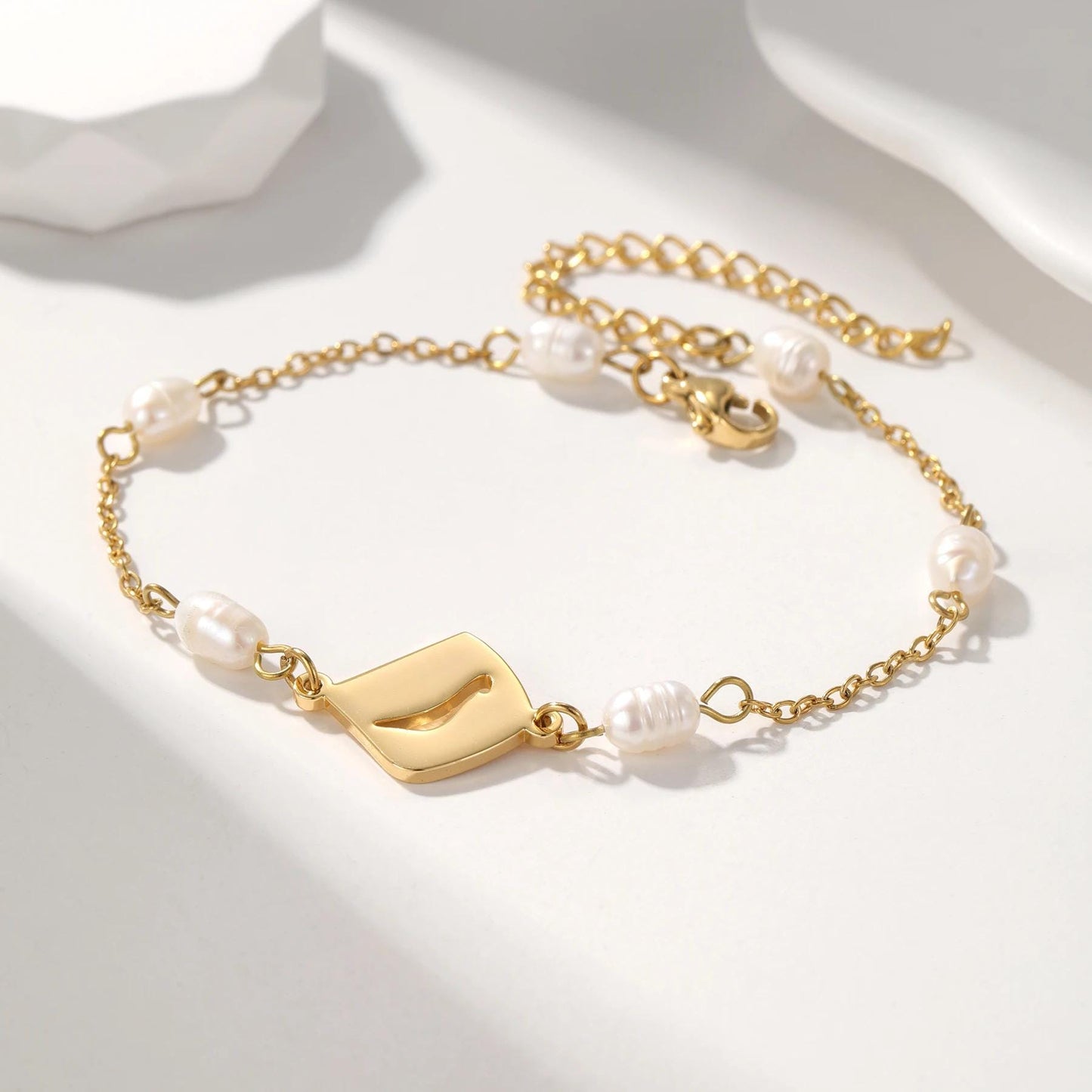 Personalized Arabic Initial Bracelet with Pearls: Gold, Silver, Rose Gold Stainless Steel