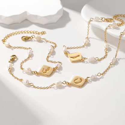 Personalized Arabic Initial Bracelet with Pearls: Gold, Silver, Rose Gold Stainless Steel