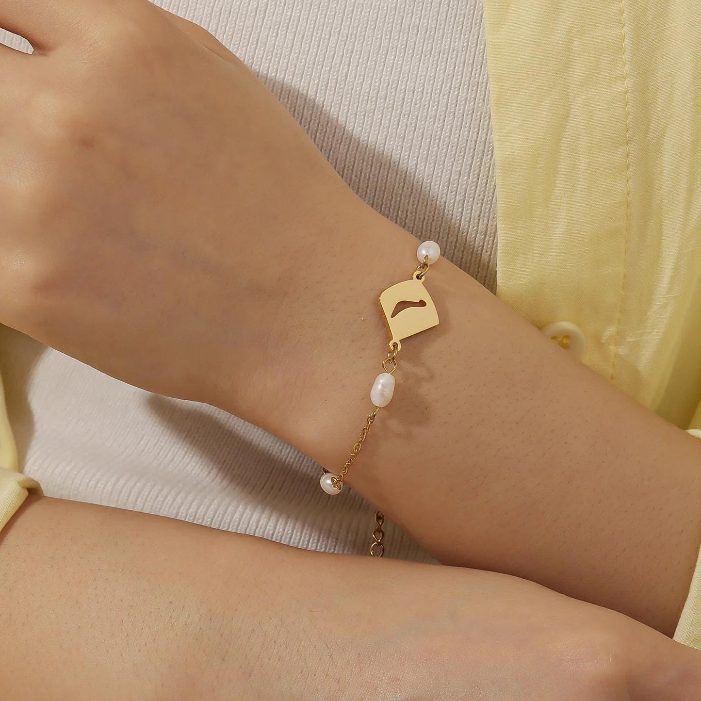Personalized Arabic Initial Bracelet with Pearls: Gold, Silver, Rose Gold Stainless Steel