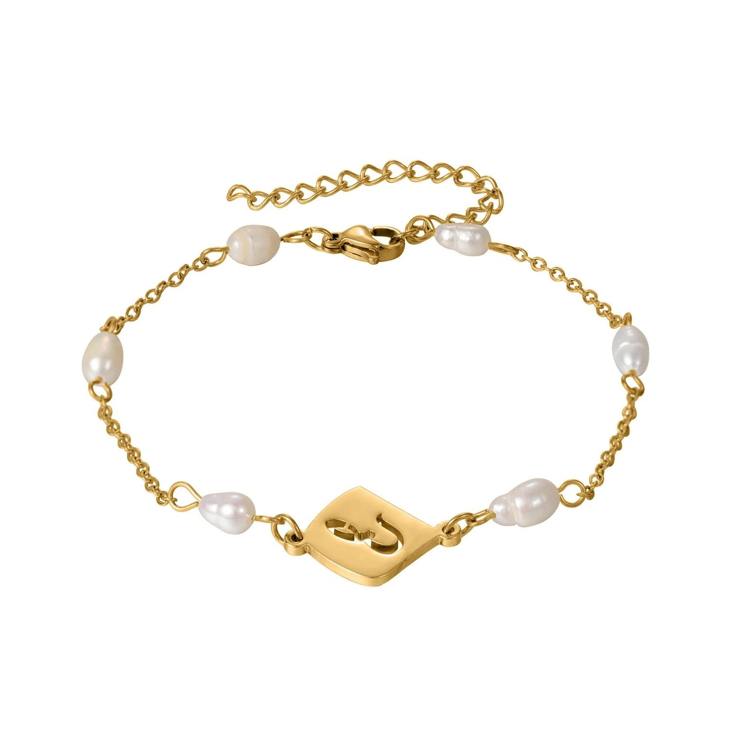Personalized Arabic Initial Bracelet with Pearls: Gold, Silver, Rose Gold Stainless Steel