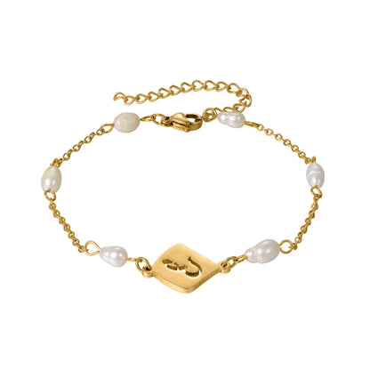 Personalized Arabic Initial Bracelet with Pearls: Gold, Silver, Rose Gold Stainless Steel
