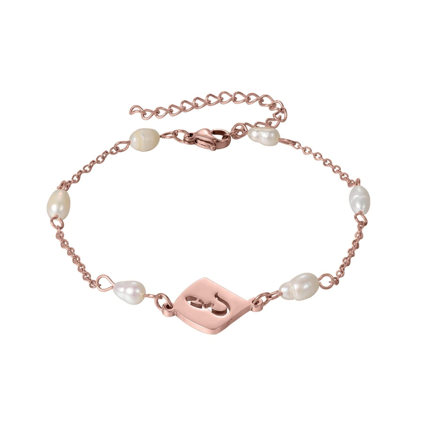 Personalized Arabic Initial Bracelet with Pearls: Gold, Silver, Rose Gold Stainless Steel