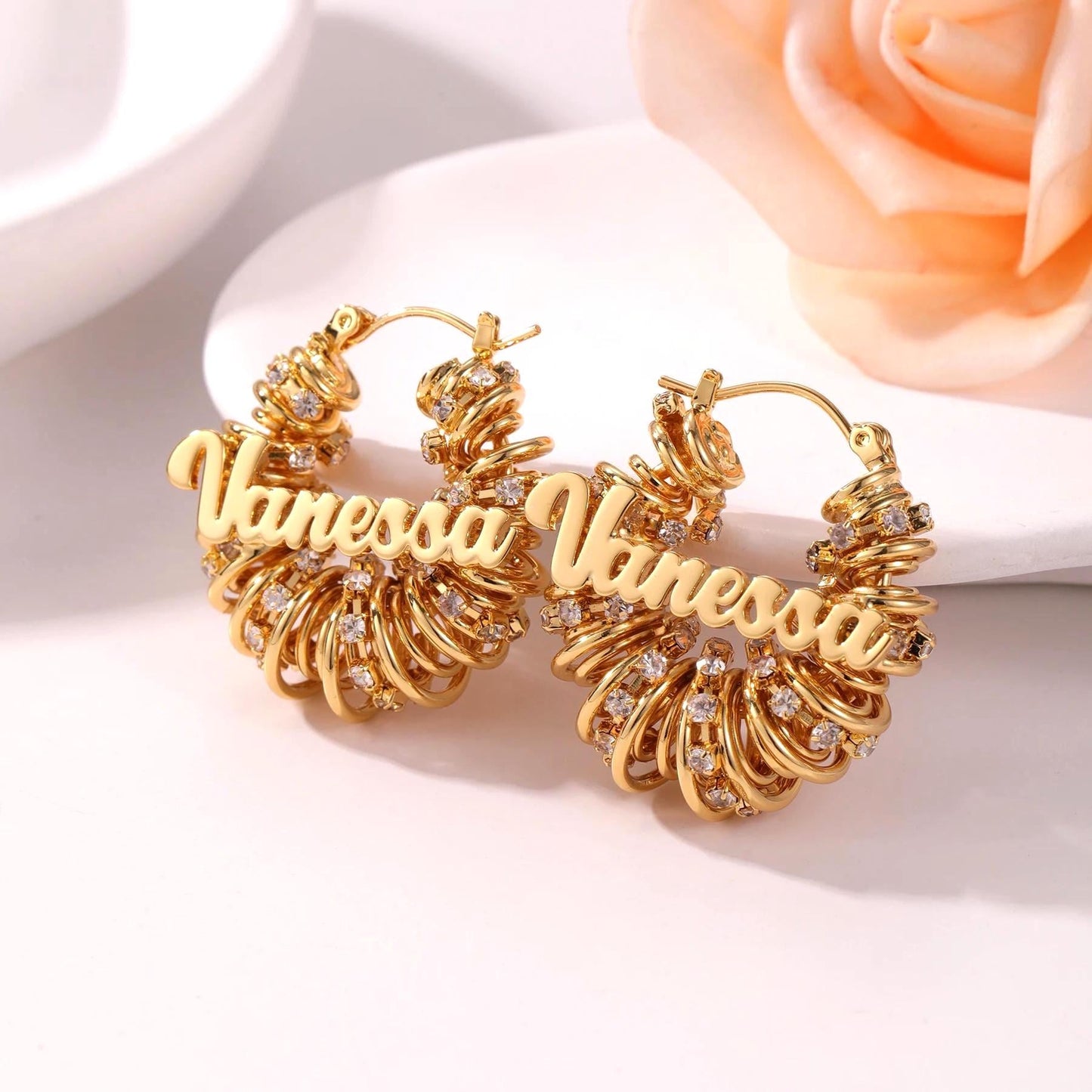 Custom Name Hoop Earrings: Gold CZ Personalized Statement Hoops