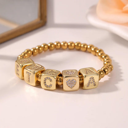 Custom Name Bracelet: Personalized Letter Bracelet, Gold Stainless Steel Bead Jewelry
