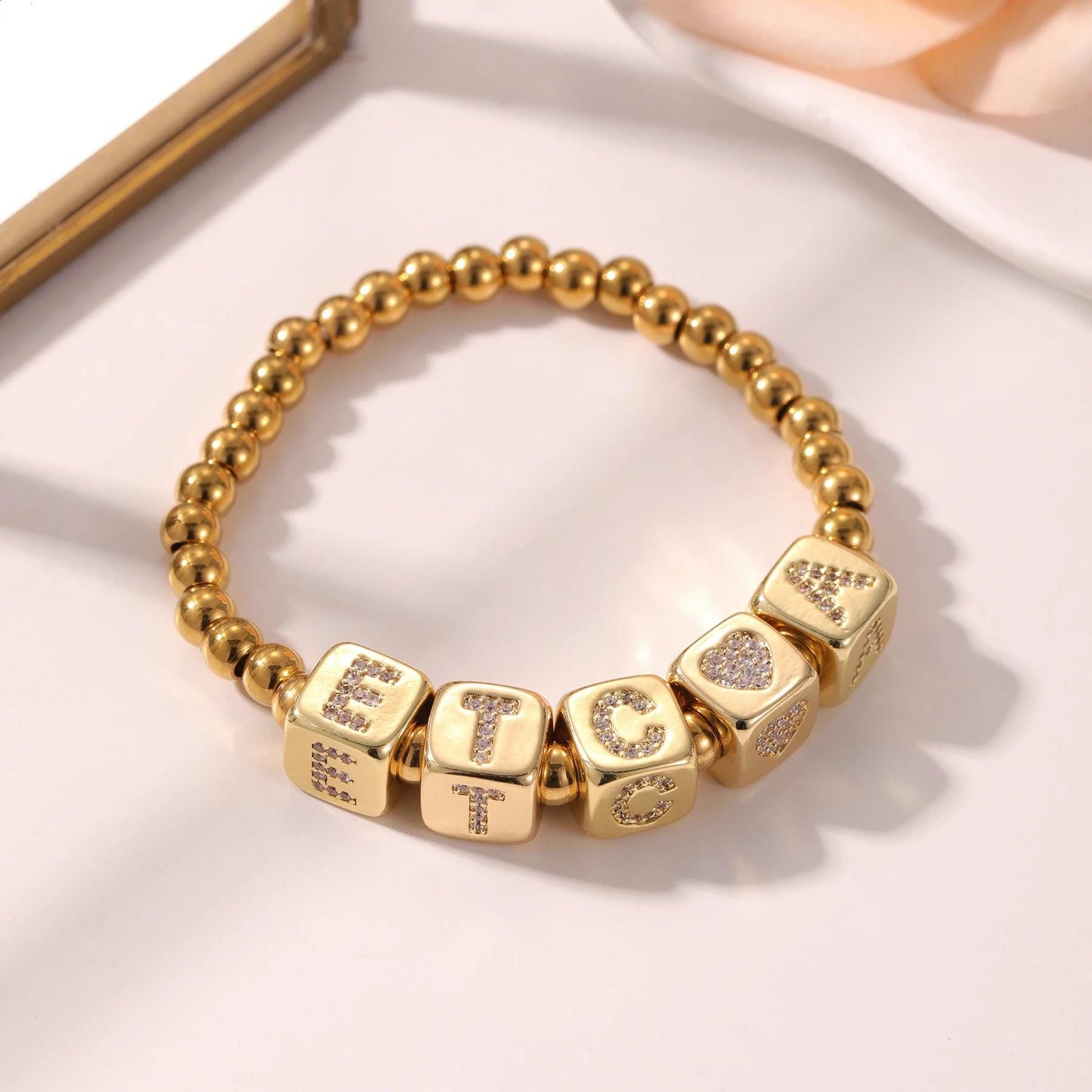 Custom Name Bracelet: Personalized Letter Bracelet, Gold Stainless Steel Bead Jewelry