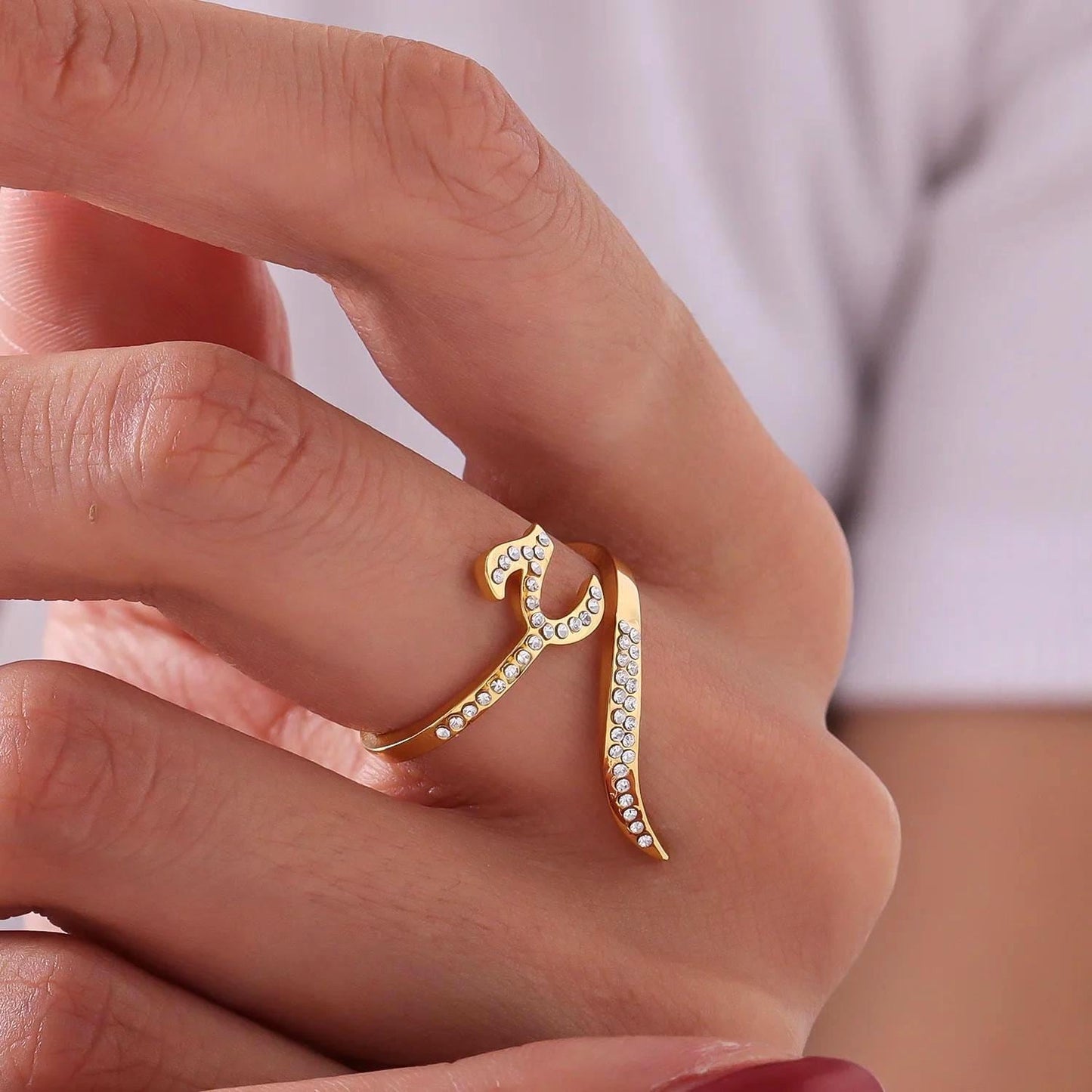 Personalized Arabic Calligraphy Ring: Adjustable Stainless Steel, Crystal Accents