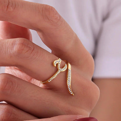 Personalized Arabic Calligraphy Ring: Adjustable Stainless Steel, Crystal Accents