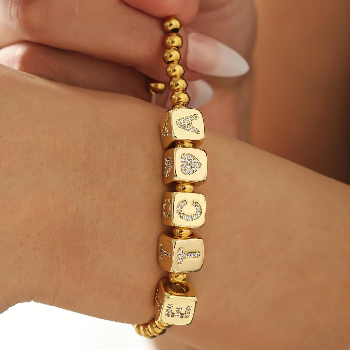 Custom Name Bracelet: Personalized Letter Bracelet, Gold Stainless Steel Bead Jewelry