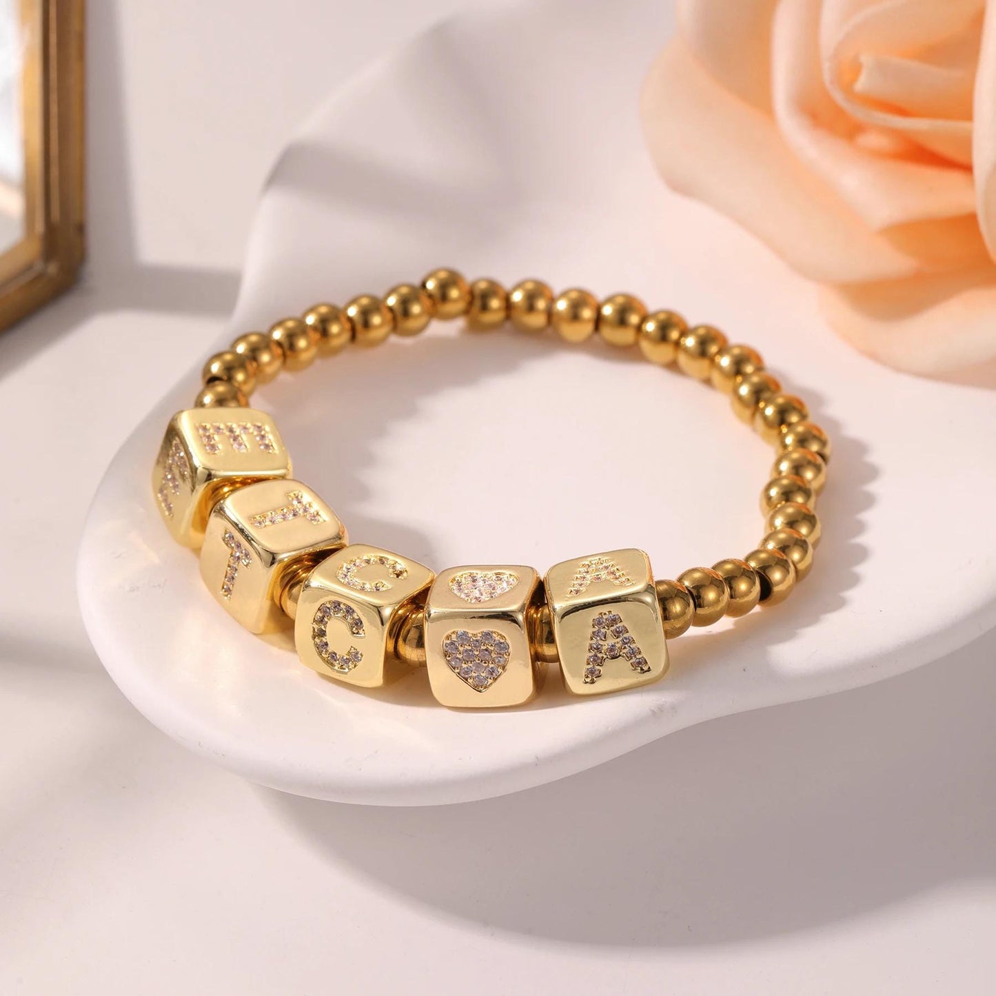 Custom Name Bracelet: Personalized Letter Bracelet, Gold Stainless Steel Bead Jewelry