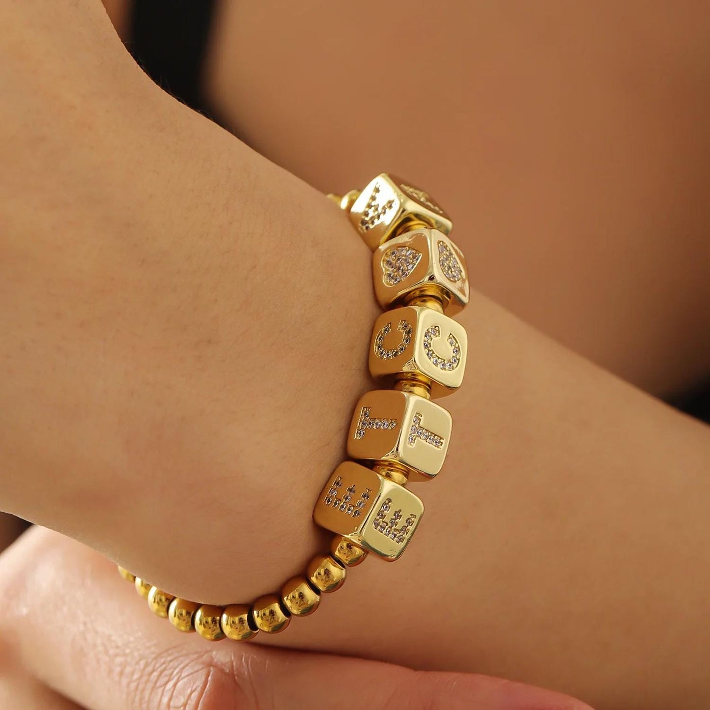 Custom Name Bracelet: Personalized Letter Bracelet, Gold Stainless Steel Bead Jewelry
