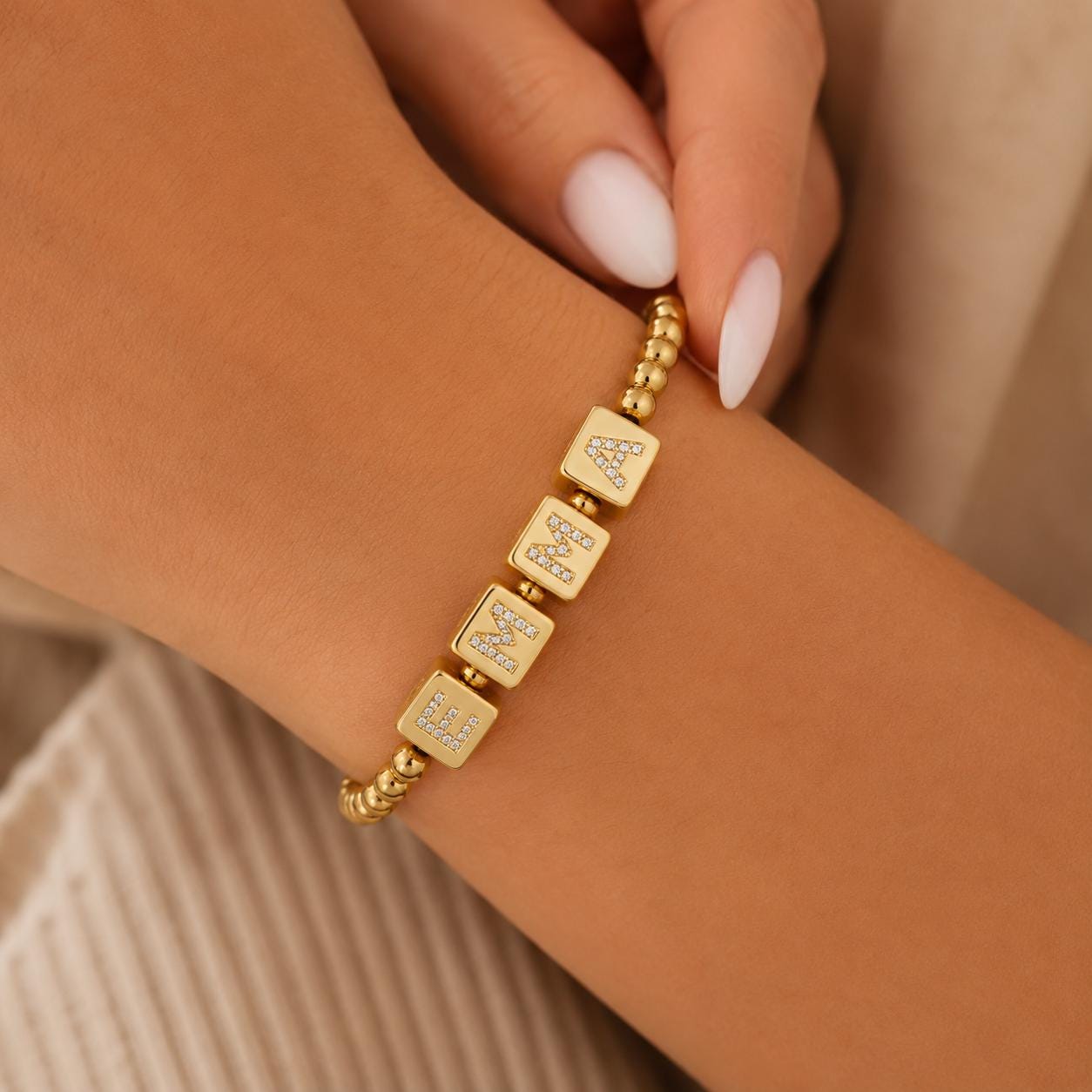 Custom Name Bracelet: Personalized Letter Bracelet, Gold Stainless Steel Bead Jewelry