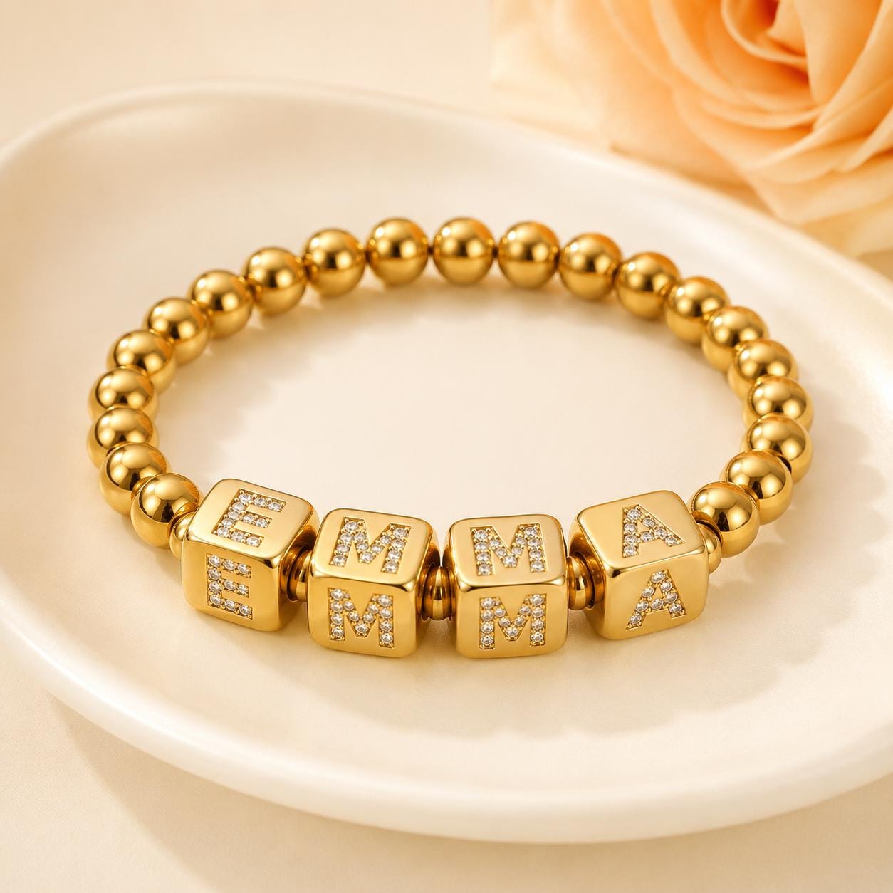 Custom Name Bracelet: Personalized Letter Bracelet, Gold Stainless Steel Bead Jewelry