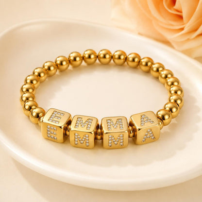 Custom Name Bracelet: Personalized Letter Bracelet, Gold Stainless Steel Bead Jewelry