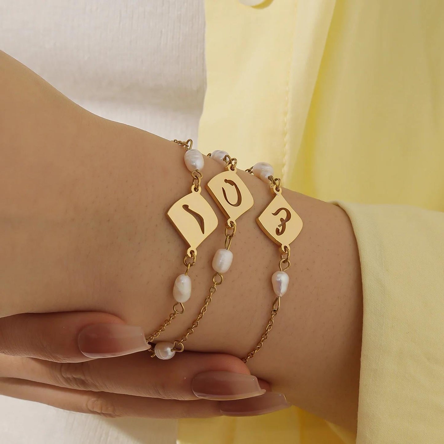 Personalized Arabic Initial Bracelet with Pearls: Gold, Silver, Rose Gold Stainless Steel