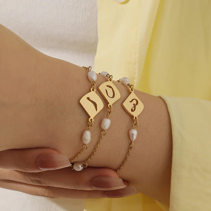 Personalized Arabic Initial Bracelet with Pearls: Gold, Silver, Rose Gold Stainless Steel