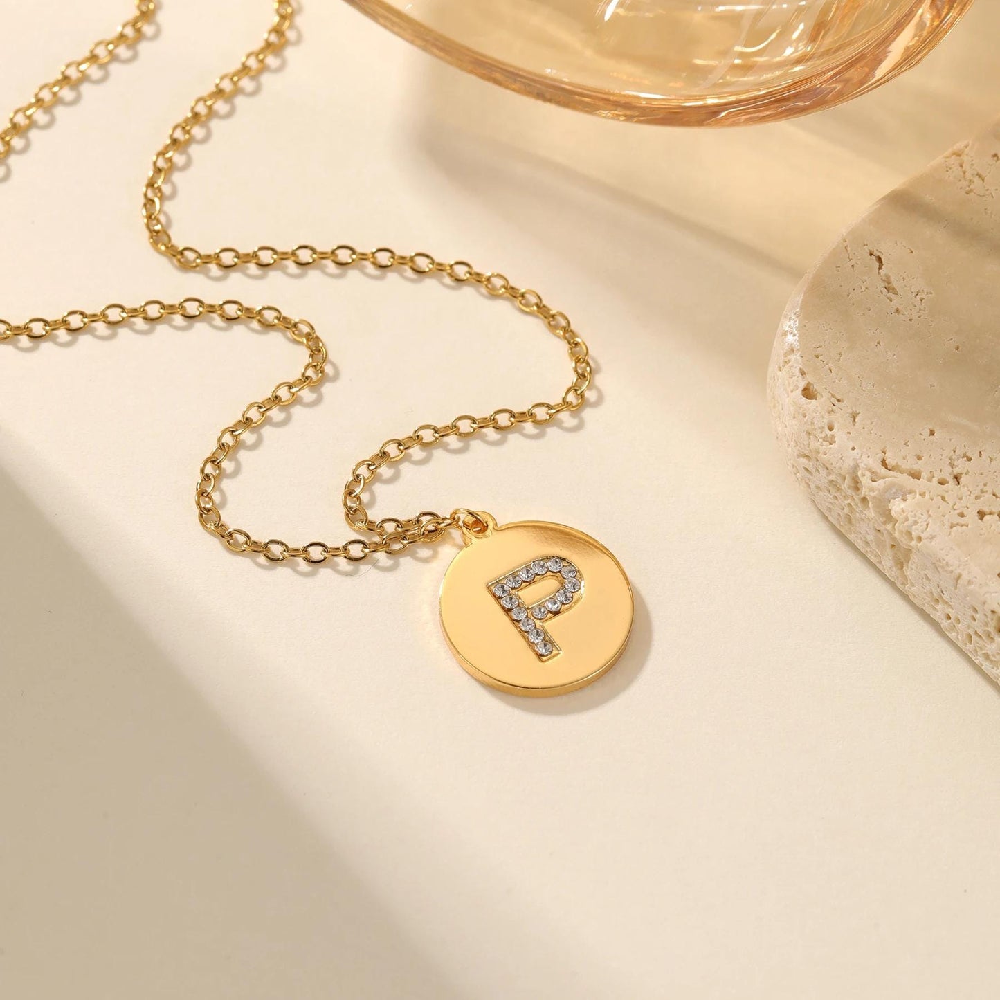 Personalized CZ Initial Disc Necklace, Waterproof Gold Stainless Steel Custom Letter Pendant