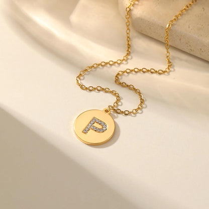 Personalized CZ Initial Disc Necklace, Waterproof Gold Stainless Steel Custom Letter Pendant