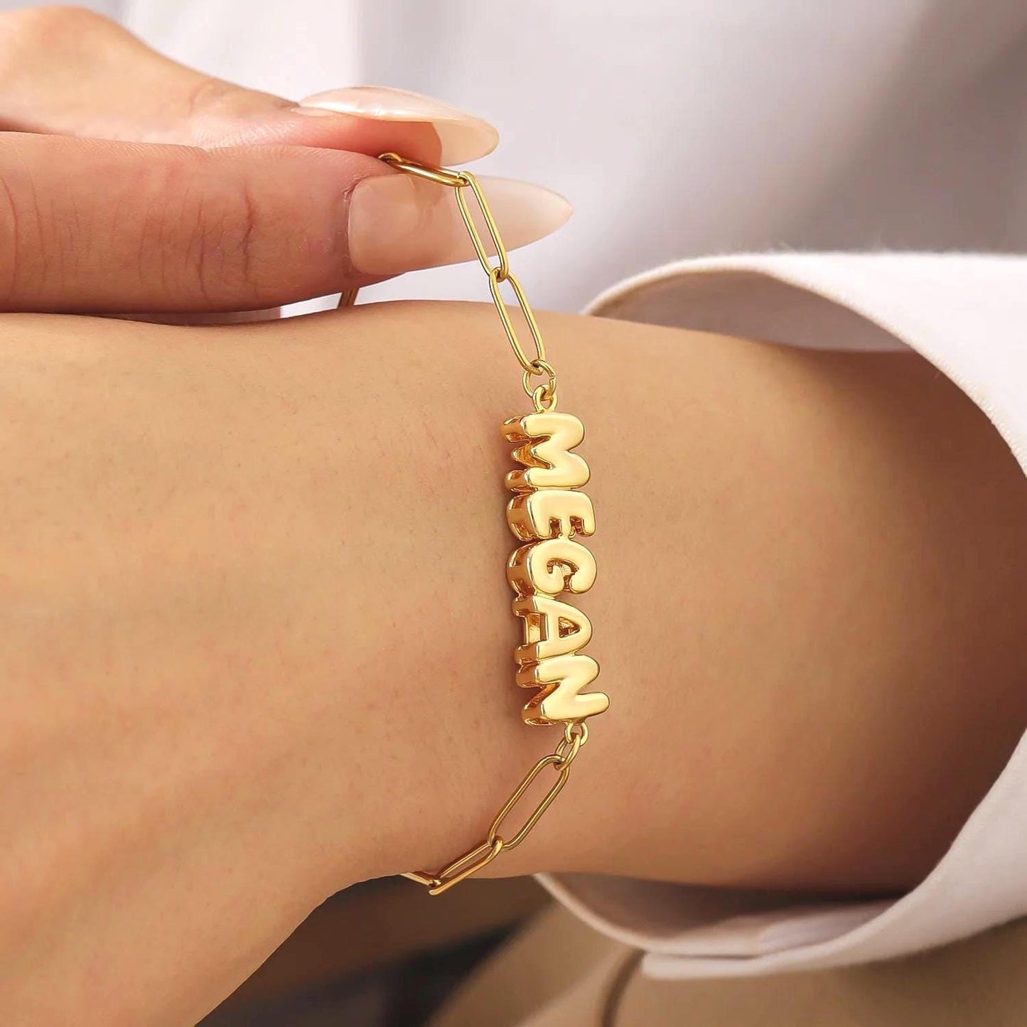 Name Bracelet: Custom Personalized Paperclip Bubble Bracelet Gold Silver Stainless Steel