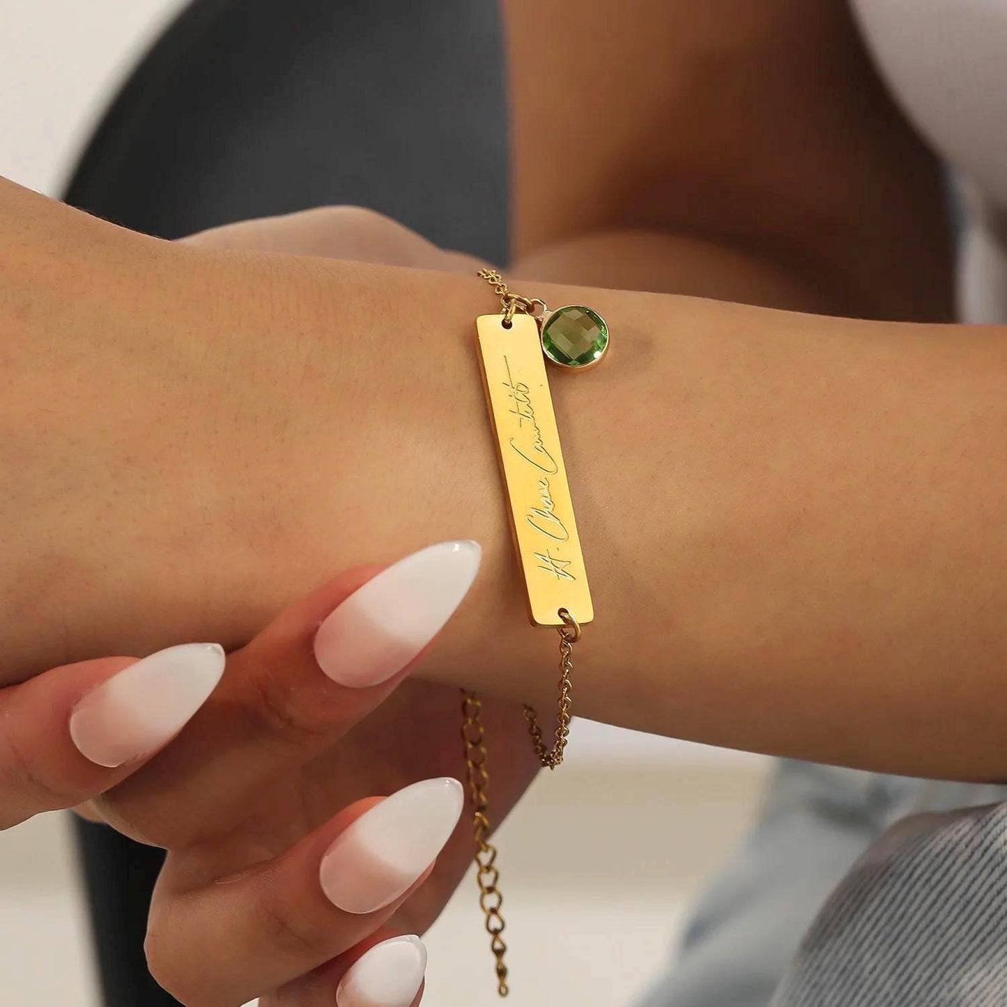 Birthstone Bar Bracelet: Custom Personalized Engraved Name Bracelet Stainless Steel
