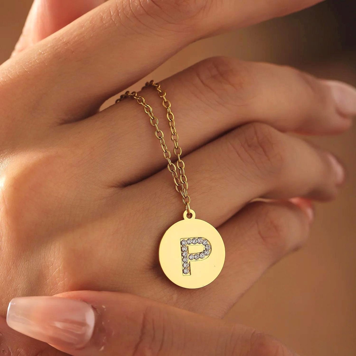 Personalized CZ Initial Disc Necklace, Waterproof Gold Stainless Steel Custom Letter Pendant