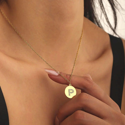 Personalized CZ Initial Disc Necklace, Waterproof Gold Stainless Steel Custom Letter Pendant