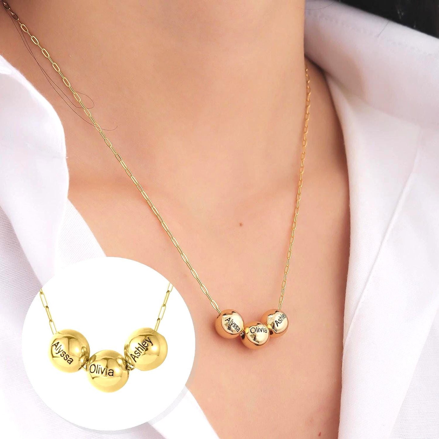 Engraved Name Bead Necklace: Personalized Family Jewelry Gift
