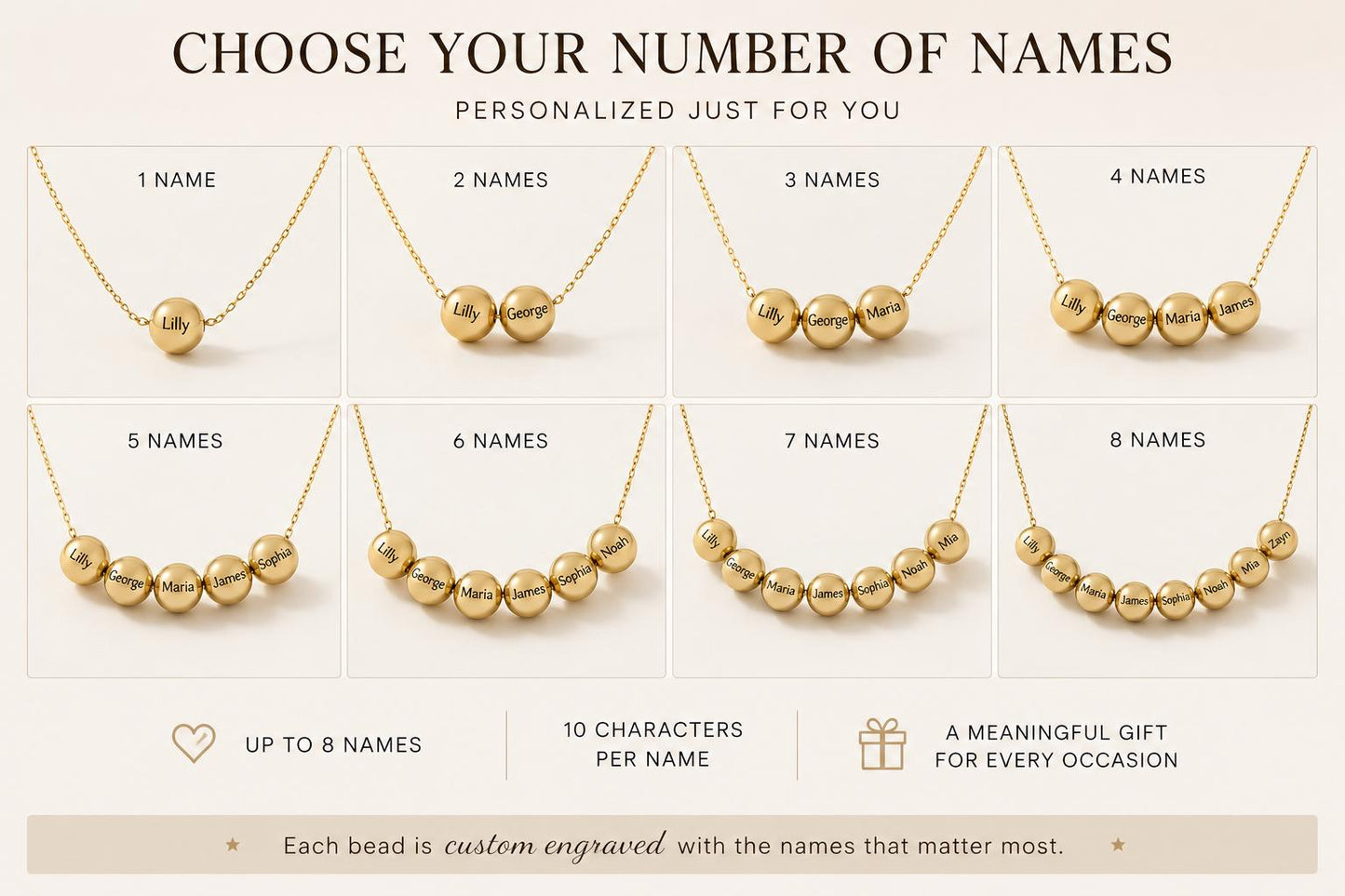 Engraved Name Bead Necklace: Personalized Family Jewelry Gift