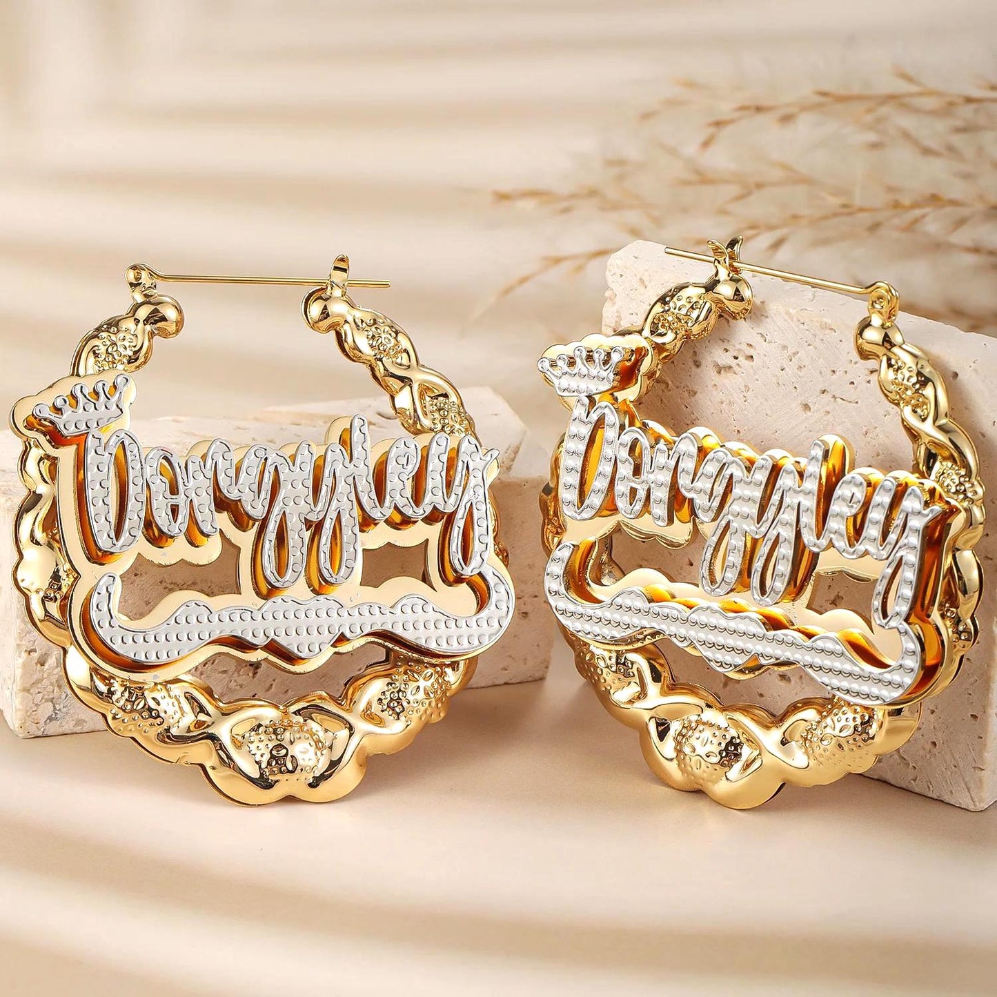 Custom XOXO Name Bamboo Hoop Earrings: Personalized Two-Tone Statement, Gold Silver or Rose Gold