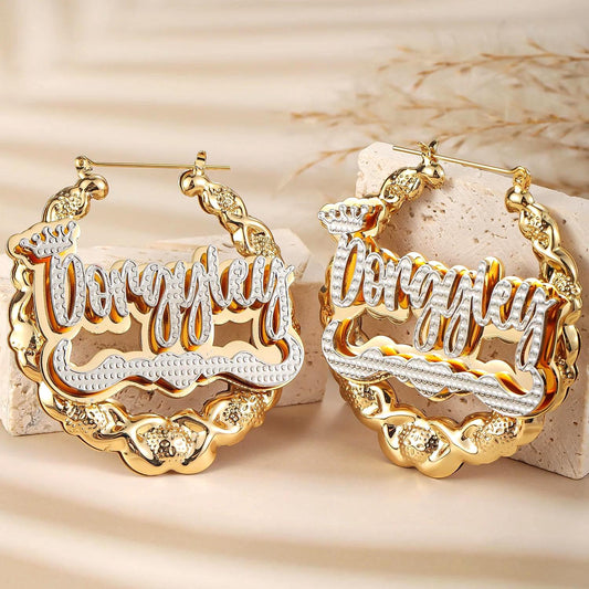Custom XOXO Name Bamboo Hoop Earrings: Personalized Two-Tone Statement, Gold Silver or Rose Gold