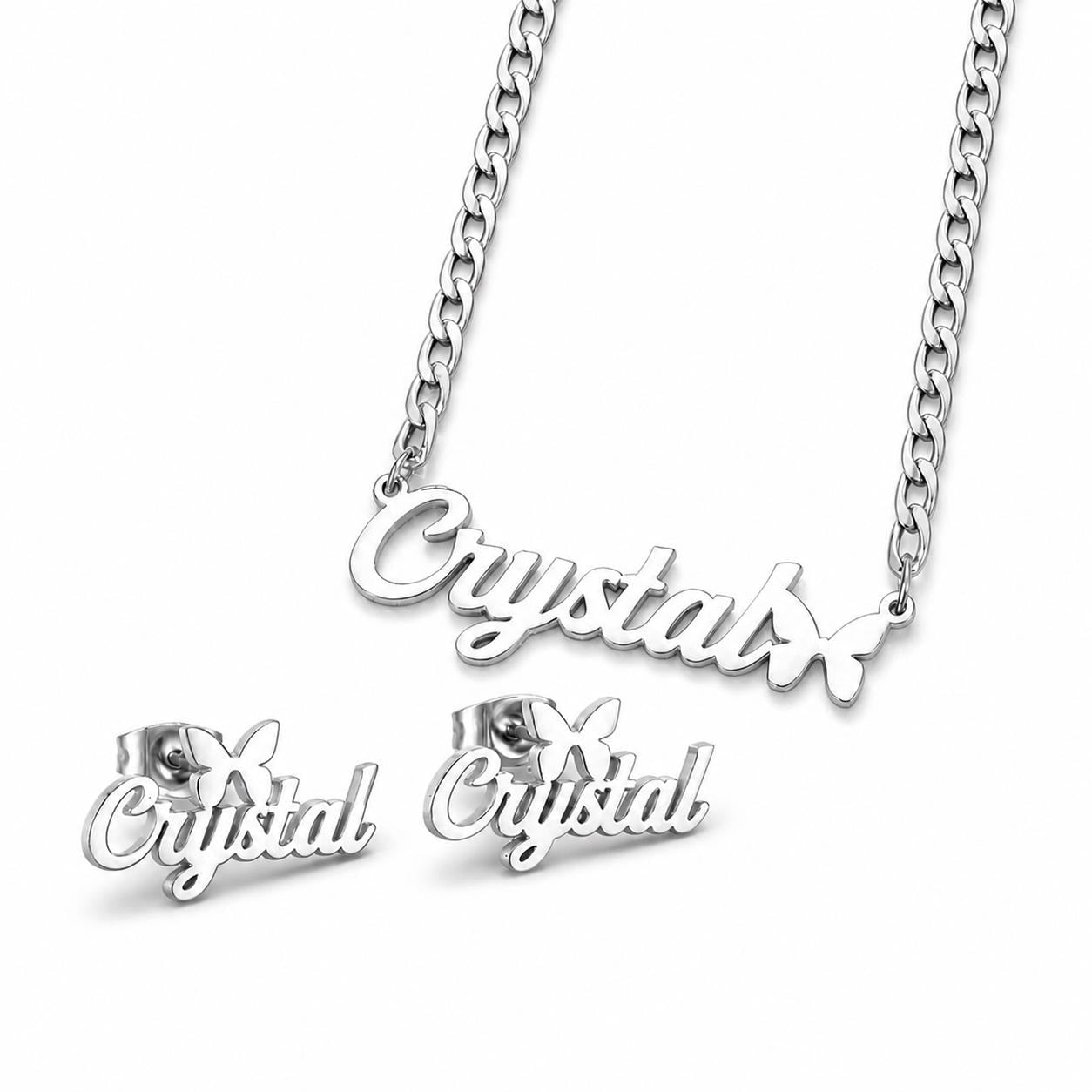 Personalized Name Necklace and Earrings Set: Custom Butterfly Name Jewelry Gift for Her