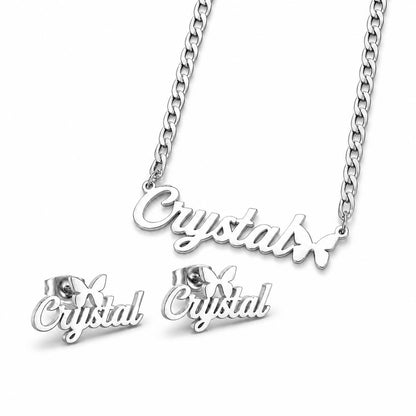 Personalized Name Necklace and Earrings Set: Custom Butterfly Name Jewelry Gift for Her