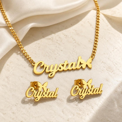 Personalized Name Necklace and Earrings Set: Custom Butterfly Name Jewelry Gift for Her
