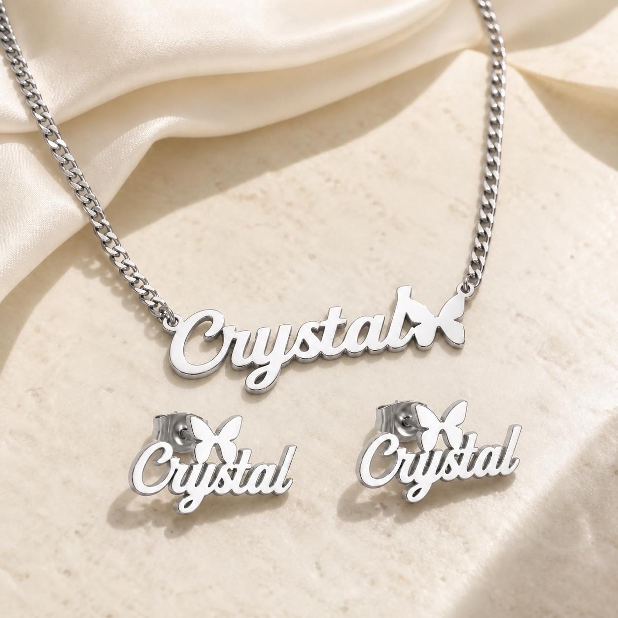 Personalized Name Necklace and Earrings Set: Custom Butterfly Name Jewelry Gift for Her