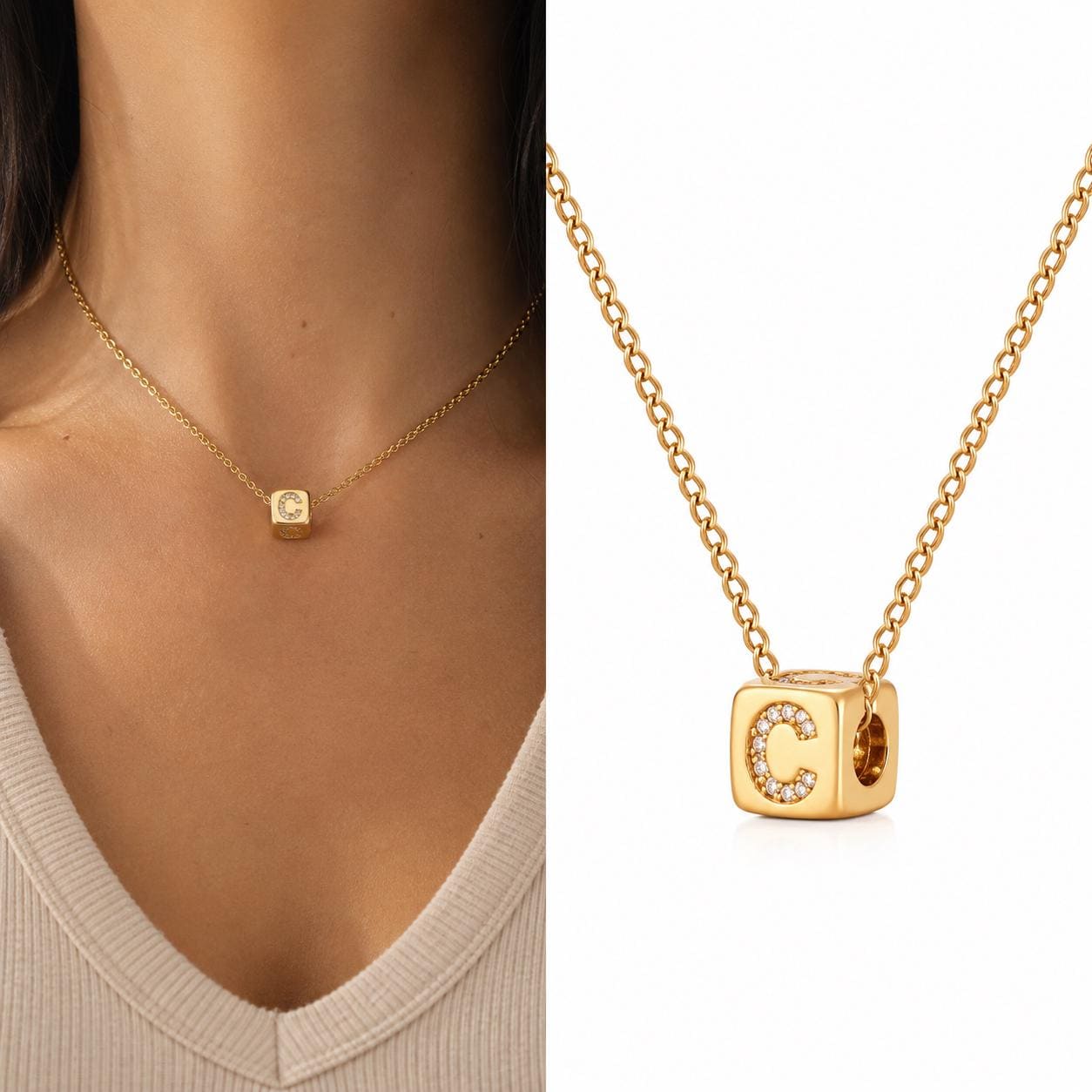 Custom Initial Necklace: 3D Gold Cube Necklace, Sparkly Letter Pendant, Meaningful Gift for Her