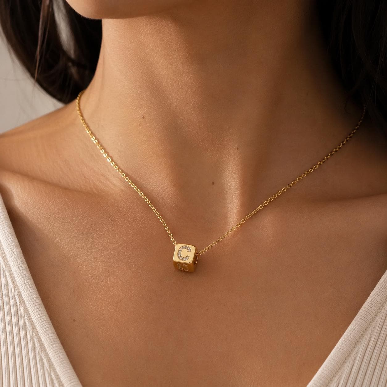 Custom Initial Necklace: 3D Gold Cube Necklace, Sparkly Letter Pendant, Meaningful Gift for Her
