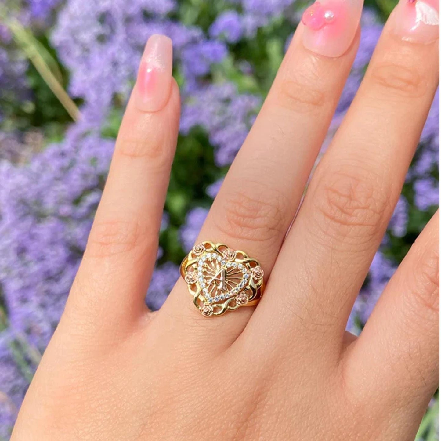 Personalized Heart Ring: Vintage Initial Ring with Rose Accents, Adjustable and Waterproof