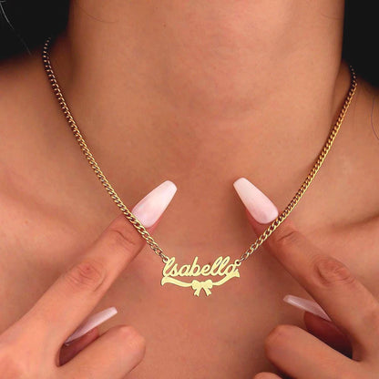 Name Necklace Gold Stainless Steel: Frosted Script Pendant with Bow