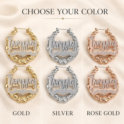 Custom XOXO Name Bamboo Hoop Earrings: Personalized Two-Tone Statement, Gold Silver or Rose Gold