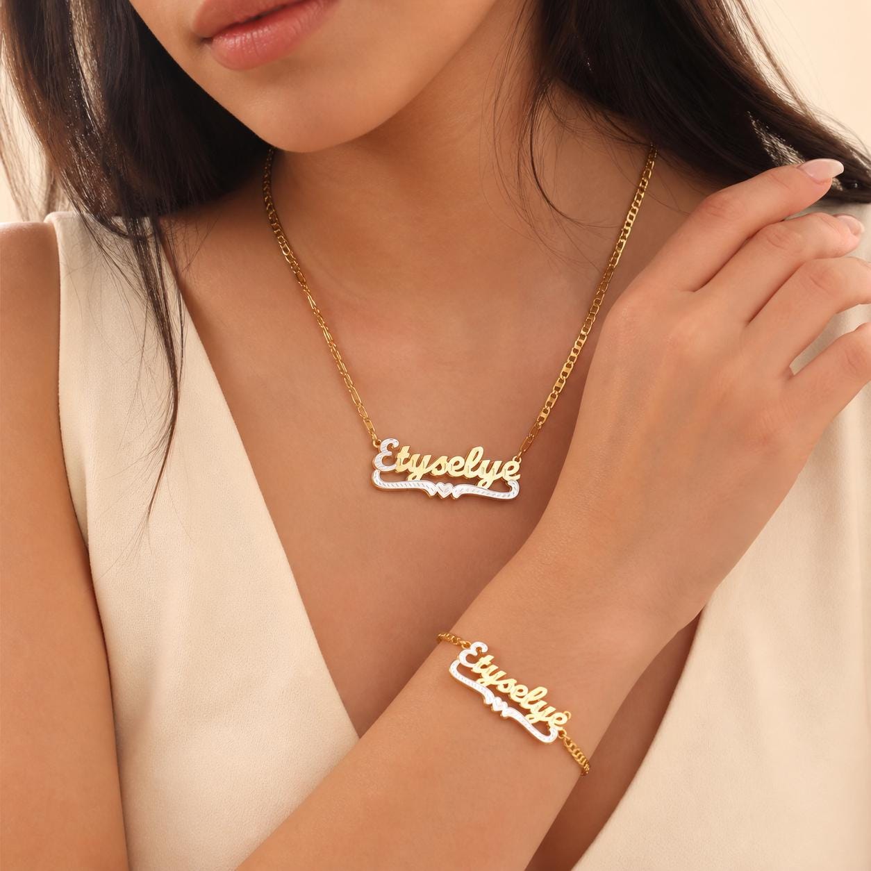 Personalized Name Necklace and Bracelet Set: Double-Plated Matching Jewelry