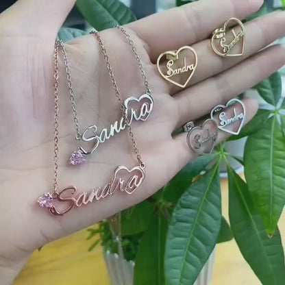 Personalized Birthstone Name Necklace & Heart Earrings Set: 18K Gold Plated