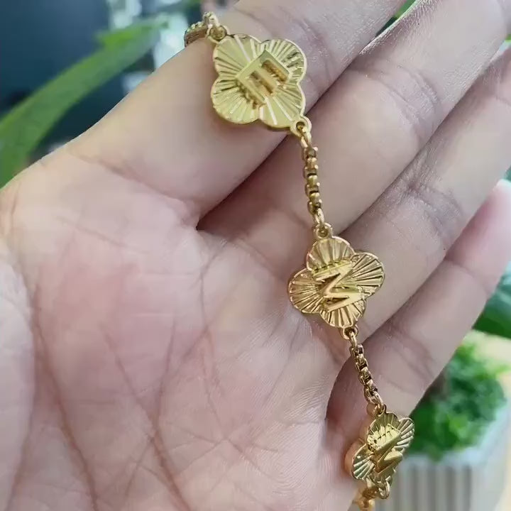 Engraved Clover Initial Bracelet: Waterproof Stainless Steel, Adjustable
